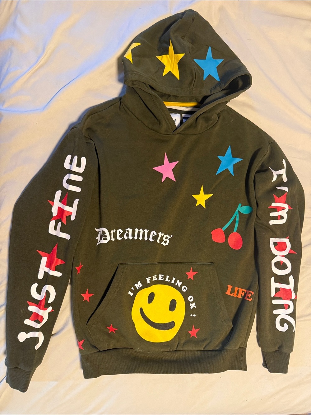 Olive Green Graphic Star & Smiley Hoodie Sweatshirt